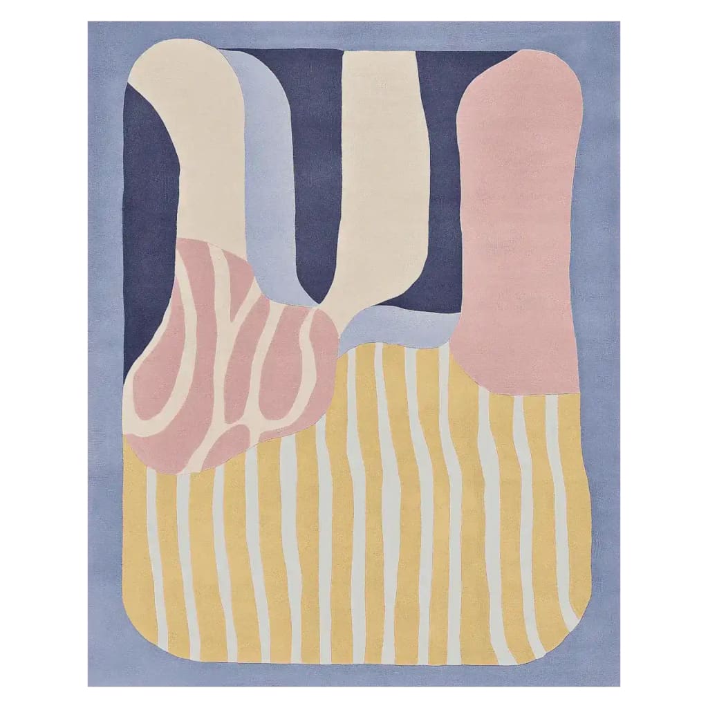 Top view of the Whispers of Color Hand Tufted Area Rug, showcasing its abstract design with soft pastel shades. This wool rug features flowing shapes and lines, perfect for adding a contemporary touch to living room spaces.