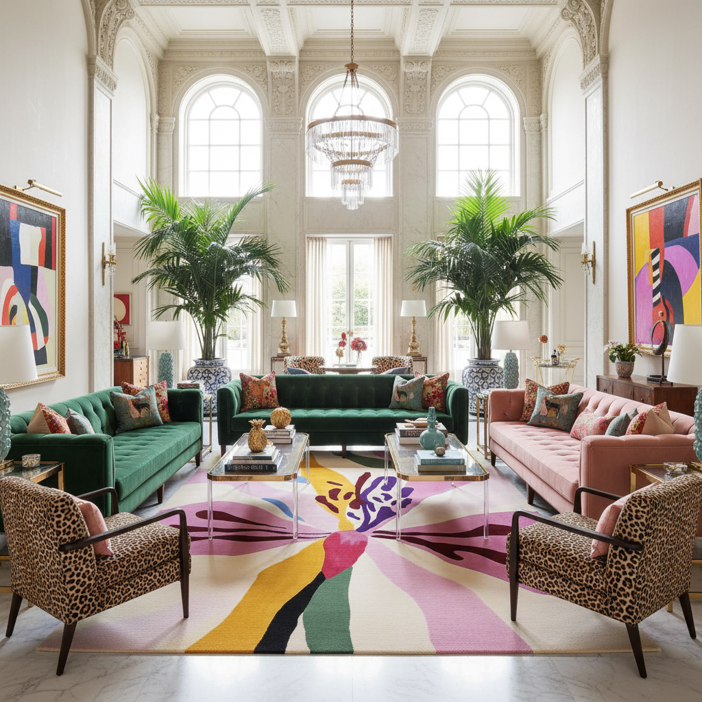 Luxurious living room with a contemporary wool rug, colorful furniture and abstract art