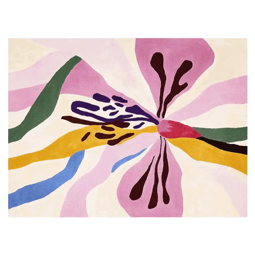 A vibrant, contemporary area rug featuring an abstract floral design in bold colors, ideal as a living room rug in an 8x10 size. This hand-tufted wool rug showcases dynamic swirls of pink, yellow, green, and blue, making it a striking choice for modern homes seeking stylish rugs for the living room.