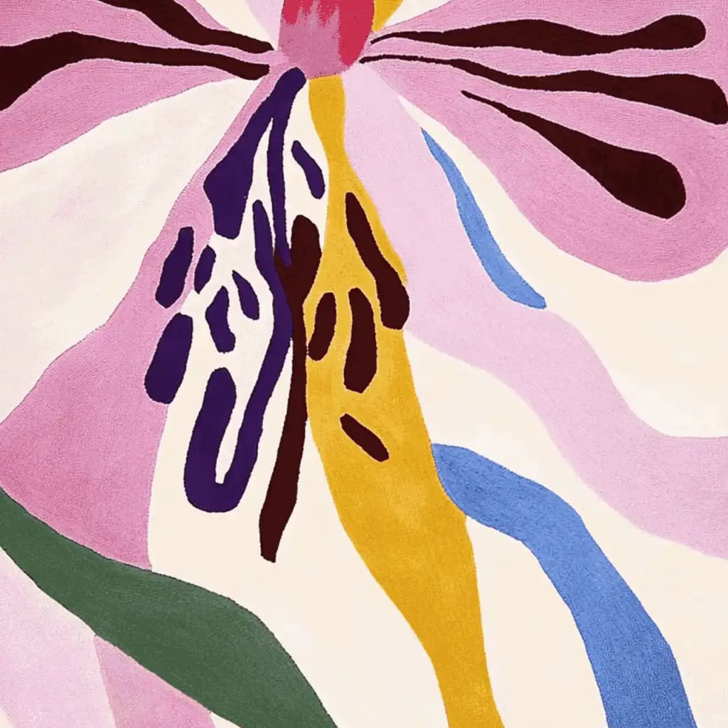 A vibrant hand-tufted area rug featuring an abstract floral design in shades of pink, yellow, blue, and green. This contemporary wool rug adds a splash of color and style, making it perfect for living room spaces. Ideal as an 8x10 rug for those seeking modern rugs for their living room.