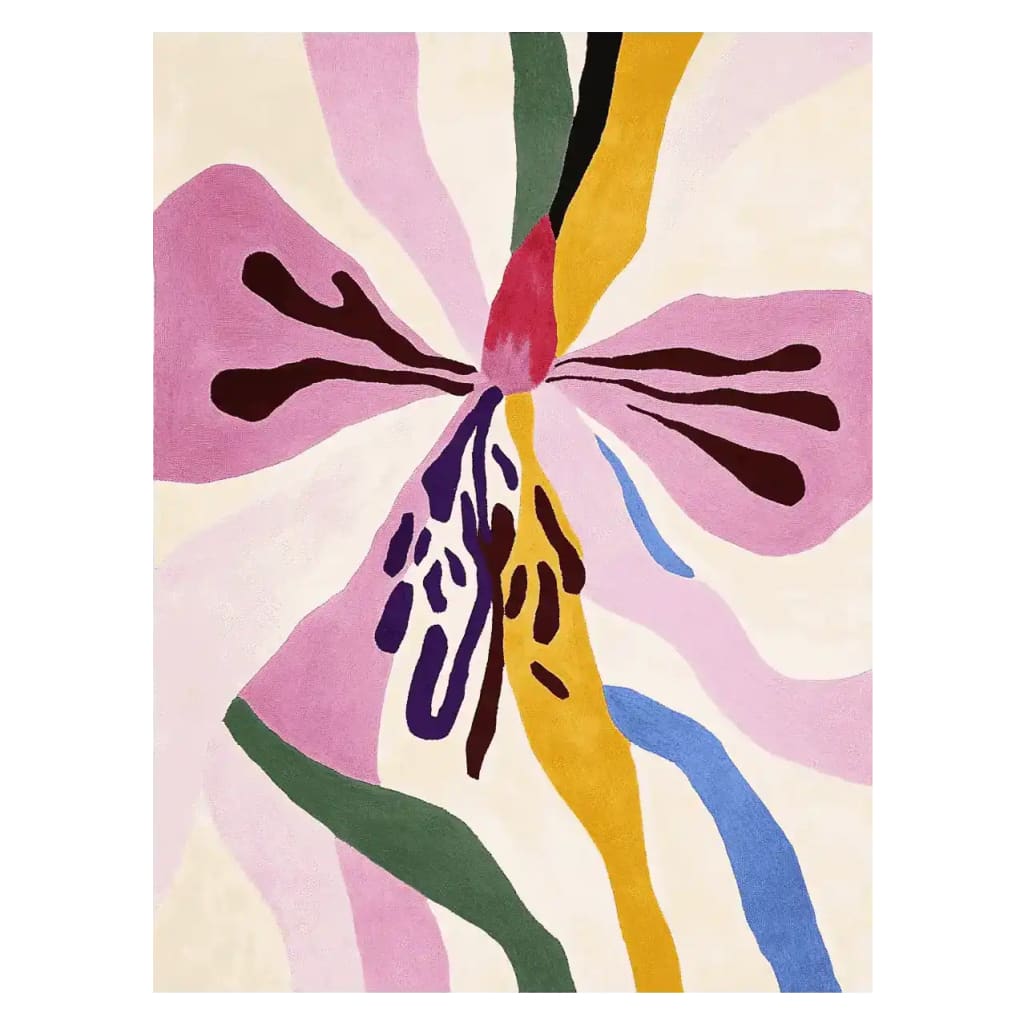 A vibrant, abstract design area rug titled 'Whispers of Flora Hand Tufted Rug'. This contemporary wool rug, ideal for living rooms, features bold floral patterns in rich pink, yellow, and green hues. Perfect for adding a splash of color to your space, this 8x10 rug enhances any modern decor.
