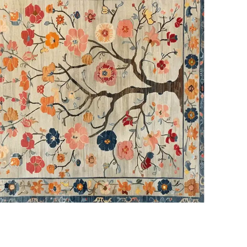 Experience the elegance of the Whispers of Spring Knotted Wool Rug, a stunning area rug perfect for enhancing your living space. This large living room rug, measuring 8x10, features an intricate floral design with vibrant blossoms and branches, beautifully crafted in premium wool. Ideal for adding warmth and style to any living room.