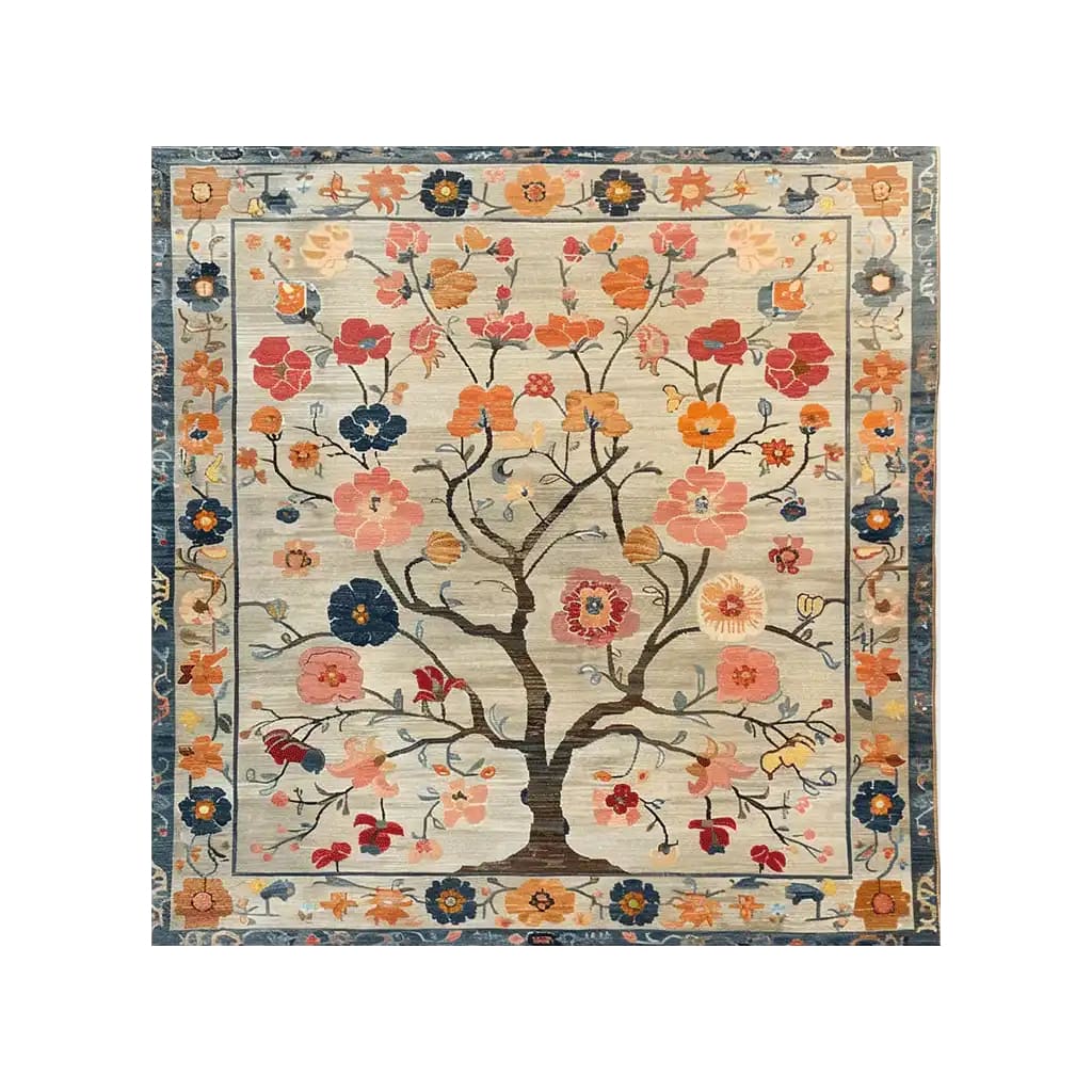 A beautifully designed area rug, titled 'Whispers of Spring Knotted Wool Rug', showcasing an intricate floral pattern with vibrant colors. Perfect for adding warmth and elegance to any living room, this 8x10 wool rug is ideal for those seeking large living room rugs with a touch of nature-inspired beauty.