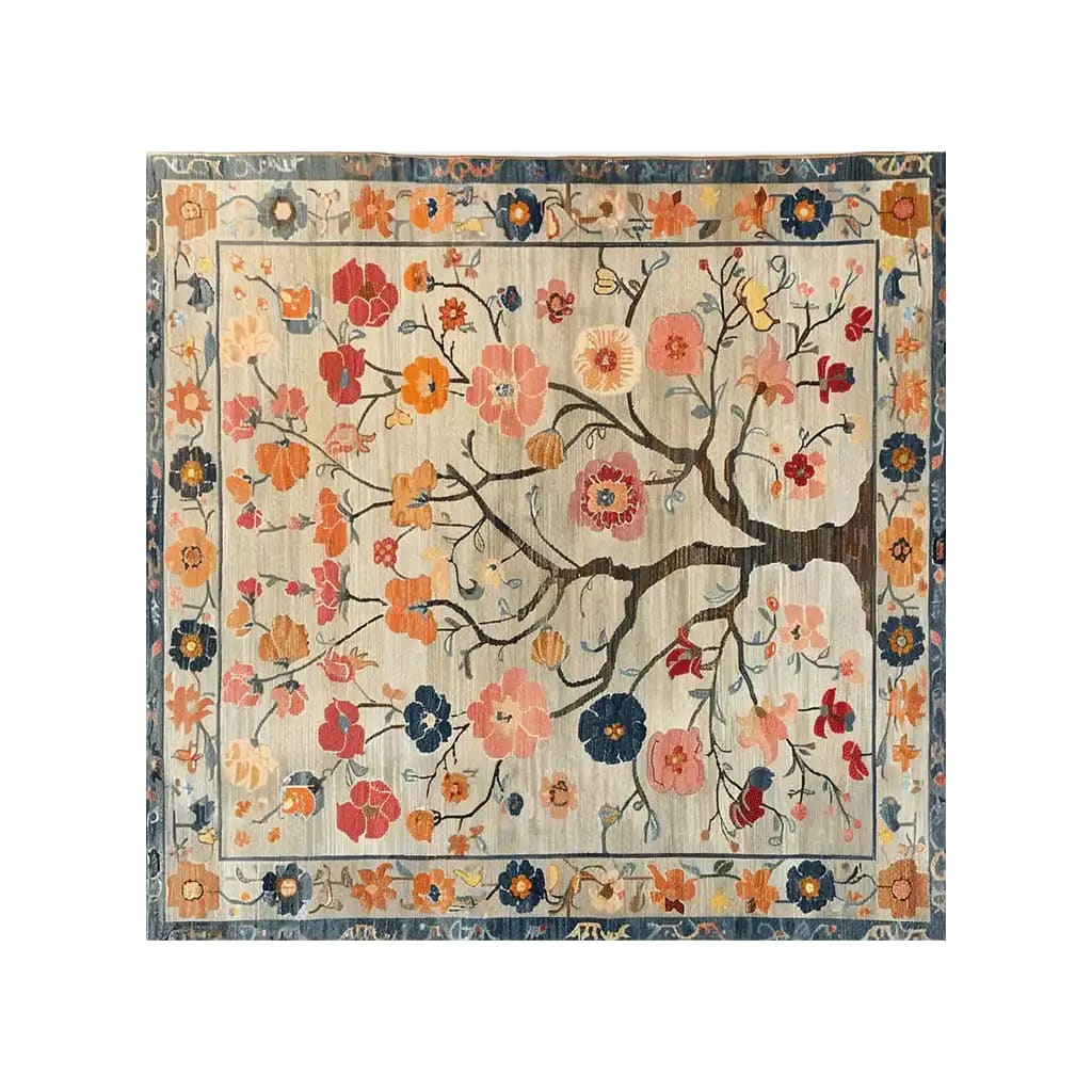 Whispers of Spring Knotted Wool Rug featuring an elegant floral pattern with vibrant blooms. This large area rug, perfect for a living room, measures 8x10 and is crafted from high-quality wool, showcasing intricate detailing and a harmonious color palette.