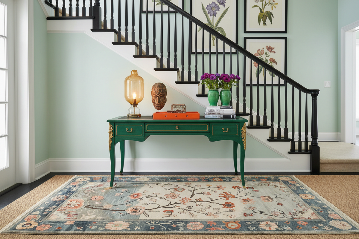 Staircase with a green console table, decorative items, and a floral rug.