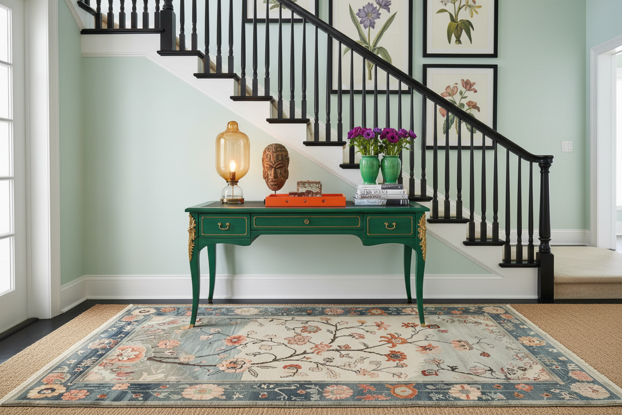 Staircase with a green console table, decorative items, and a floral rug.