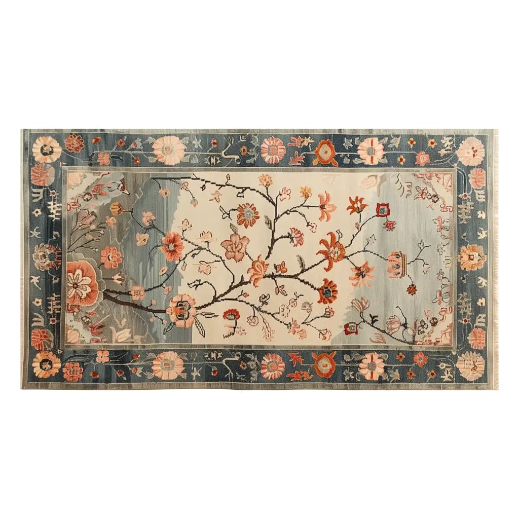 Top view of the Whispers of the Dawn Knotted Wool Rug, featuring a beautiful floral pattern with vibrant blooms and intricate branches. This area rug, perfect for a living room, measures 8x10 and adds a touch of elegance and warmth with its delicate design and rich colors.