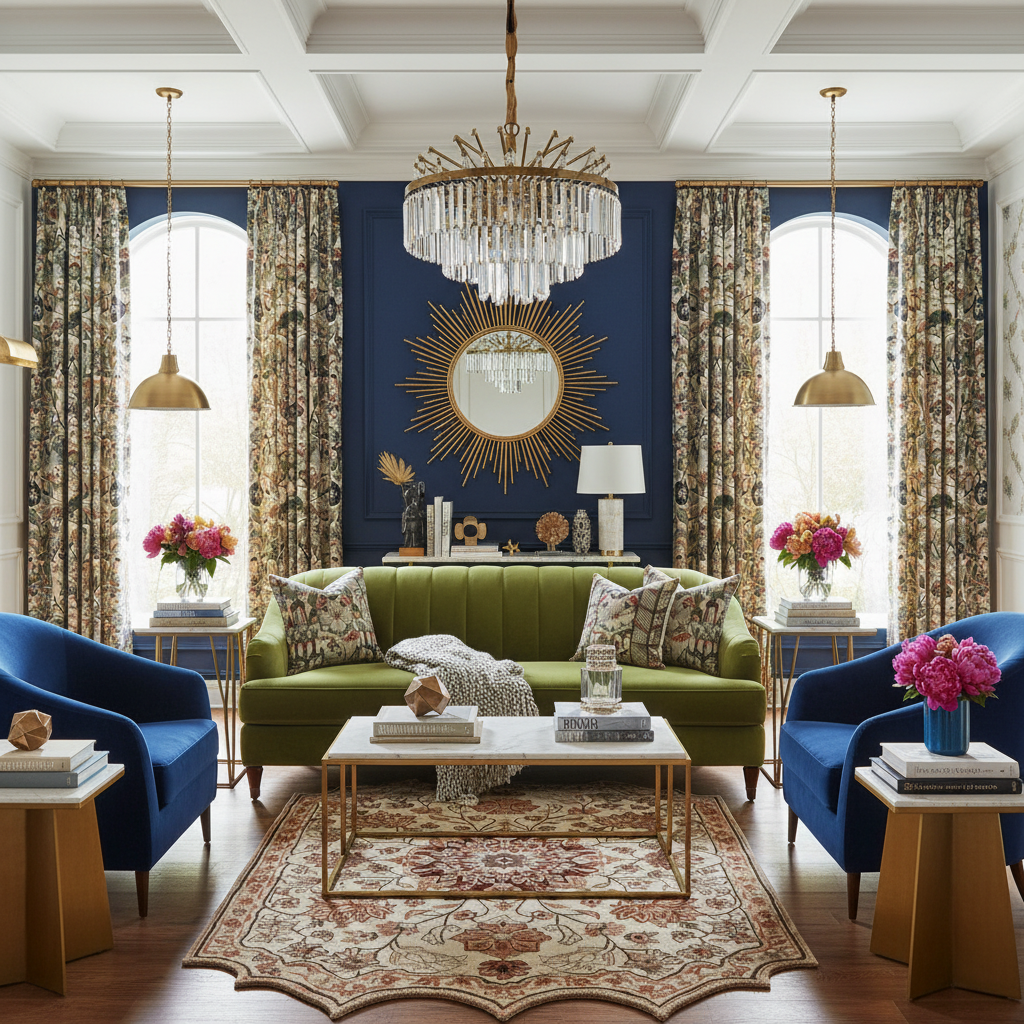 Luxurious living room with green sofa, blue armchairs, a traditional wool rug, and decorative elements.