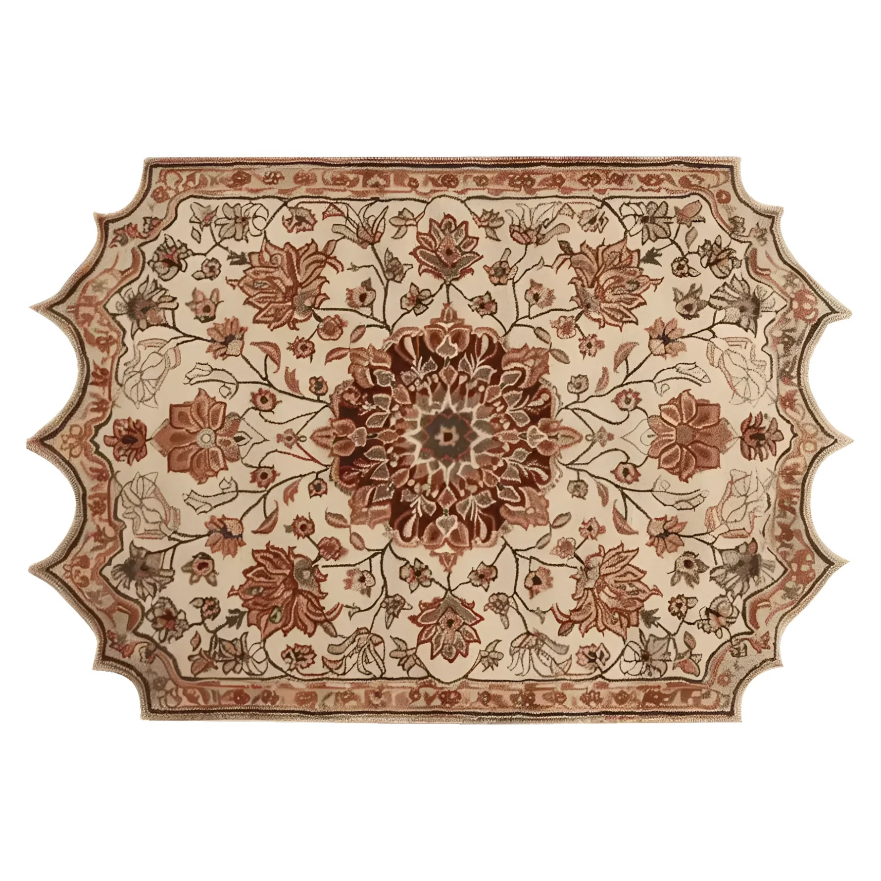 Beautifully designed Persian area rug, showcasing a hand-tufted floral pattern with intricate details in warm earth tones. This wool rug captures a vintage charm, perfect for adding elegance to any living room. Ideal as an 8x10 centerpiece, this rug is a timeless addition to your area rugs collection for the living room.