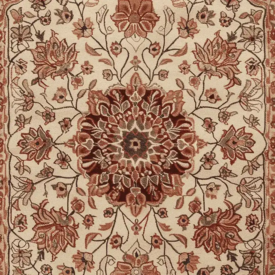 Intricate floral design of the Whispers of the Persian Garden Hand Tufted Rug showcasing a rich, vintage pattern in warm earthy tones. Perfect as an area rug, this 8x10 wool rug adds elegance to any living room, reminiscent of traditional Persian rugs.