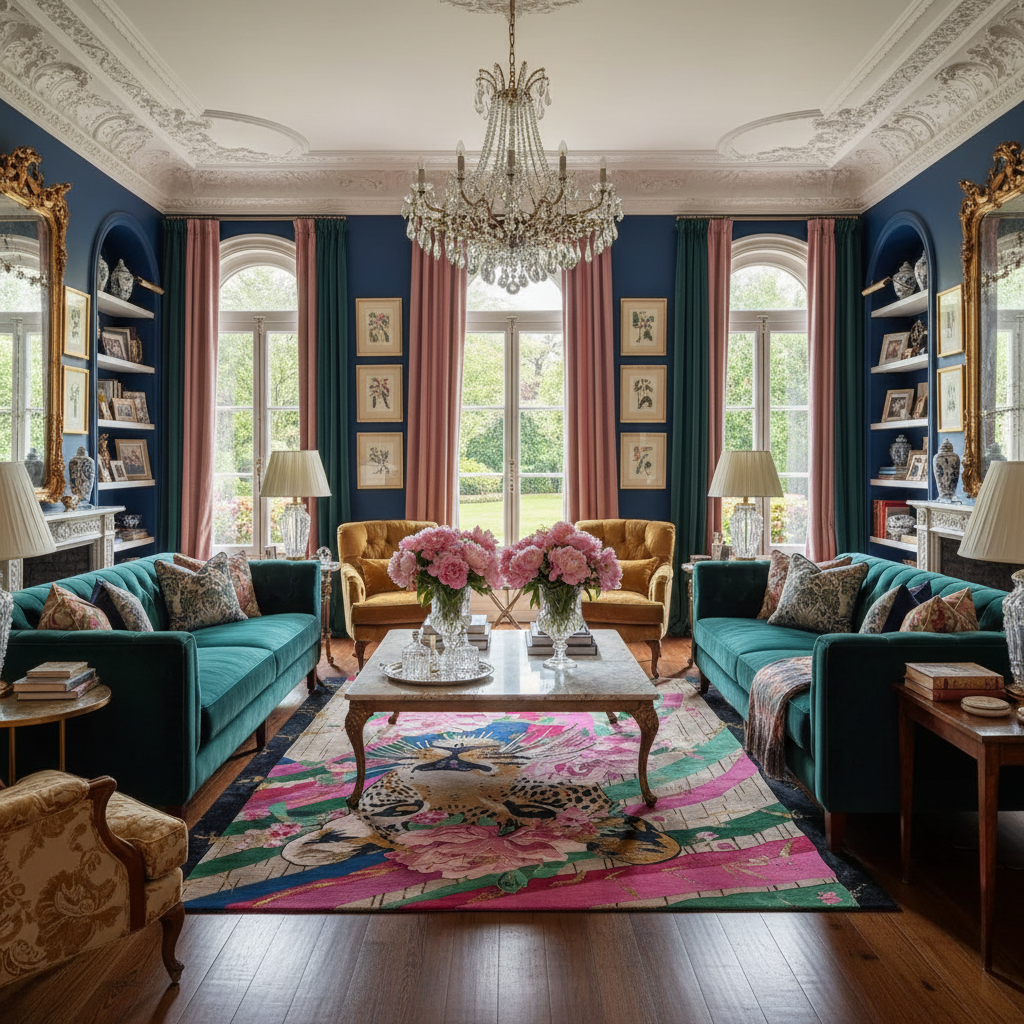Luxurious living room with teal sofas, floral arrangements, a pink tiger hand-tufted wool rug, and a chandelier.
