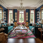 Luxurious living room with teal sofas, floral arrangements, a pink tiger hand-tufted wool rug, and a chandelier.