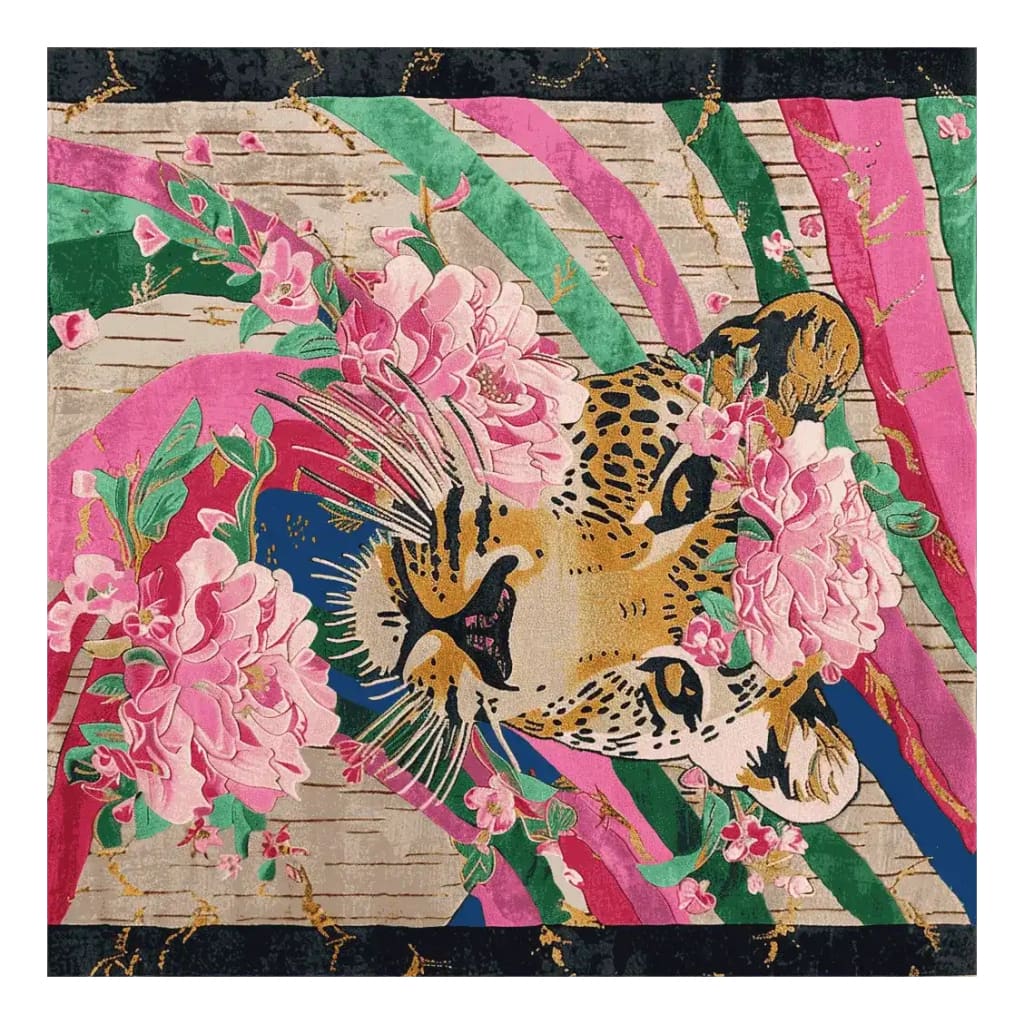 Vibrant area rug featuring a hand-tufted wool design with a striking abstract tiger motif surrounded by lush pink floral patterns. This square rug adds a bold and artistic touch to any living room, combining elements of nature and style.