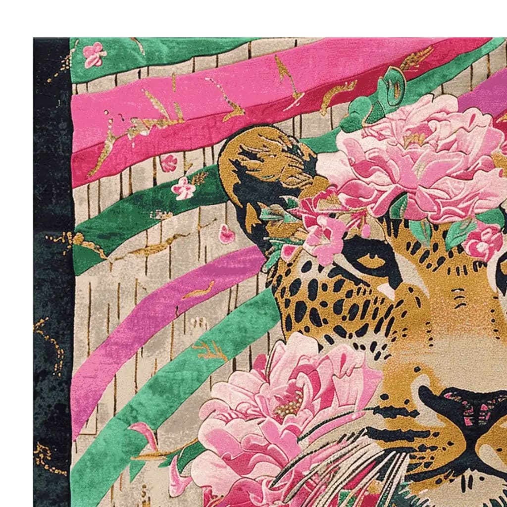 A vibrant area rug featuring a detailed leopard design adorned with pink and green floral accents. This wool rug adds a touch of wild elegance to any living room with its striking colors and intricate patterns, making it a perfect square area rug choice for a stylish home.