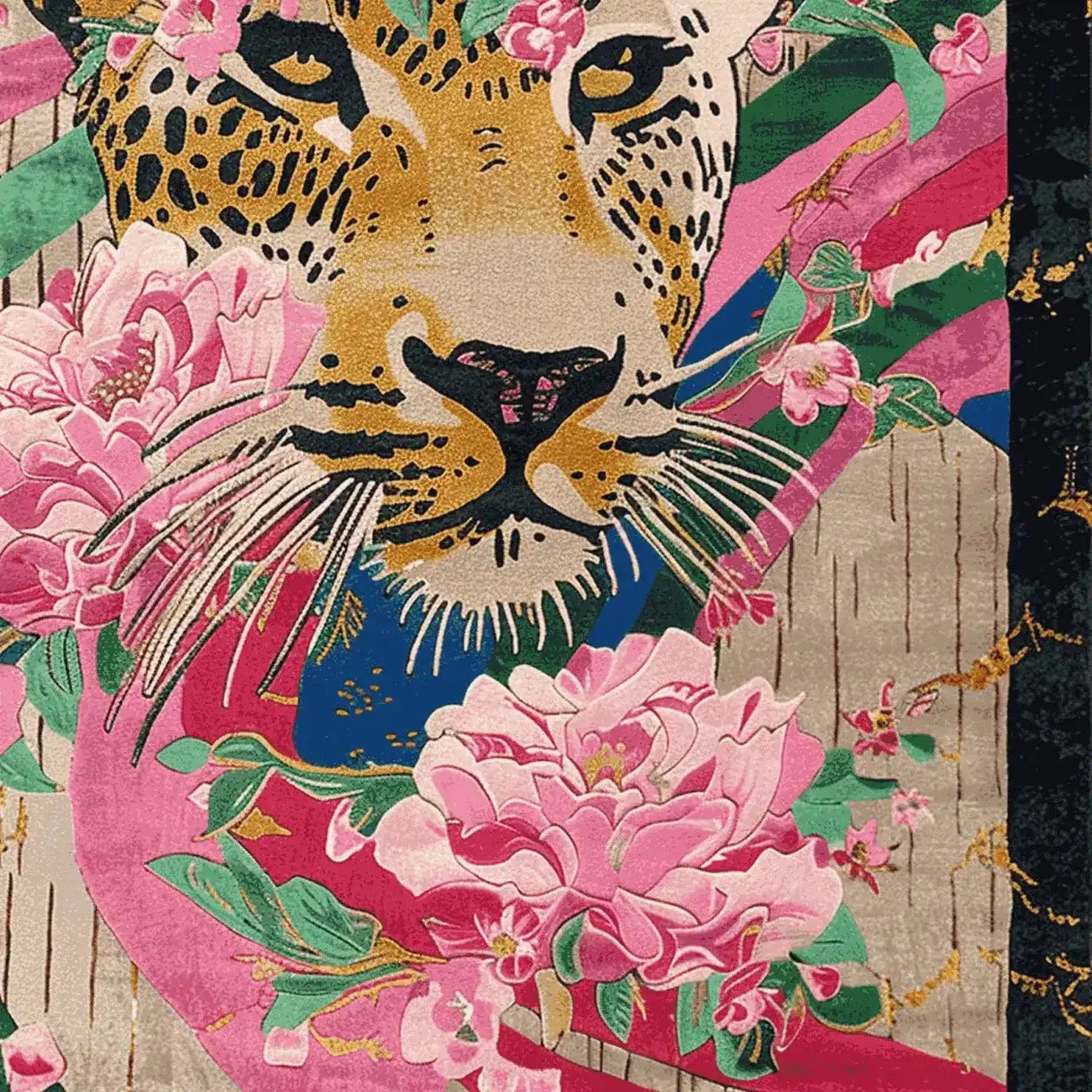 A vibrant area rug featuring an intricate hand-tufted design of a leopard surrounded by lush pink flowers and green foliage. This wool rug showcases a striking blend of colors, making it an ideal floral rug for living room decor. The square area rug offers a unique artistic touch, combining wildness and elegance in its abstract pattern.