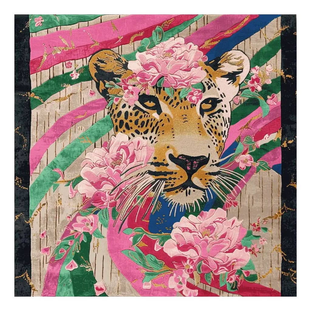 Vibrant square area rug featuring an abstract design of a tiger with pink flowers, hand-tufted in wool. Ideal wool rug for a living room, combining artistry and functionality in a floral theme.