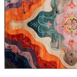 A vibrant and artistic area rug featuring a mix of warm and cool tones with intricate floral and abstract patterns. This wool rug adds a touch of vintage charm to any living space, making it perfect for living room rugs 8x10. The detailed design showcases a blend of red, orange, blue, and pink hues, ideal for those seeking unique rugs for living room decor.