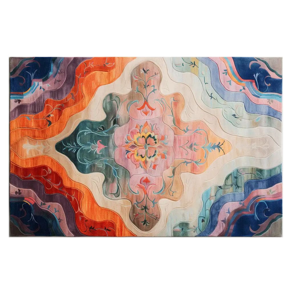 A vibrant Whispers Road Hand Tufted Wool Rug featuring an abstract floral design in warm and cool tones. This area rug, perfect for living rooms, measures 8x10 and adds a vintage touch with its intricate patterns, making it an ideal wool rug option for cozy spaces.