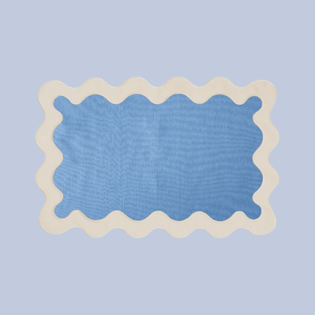 White and Blue 100% Linen Scallop Placemats - Set of 4