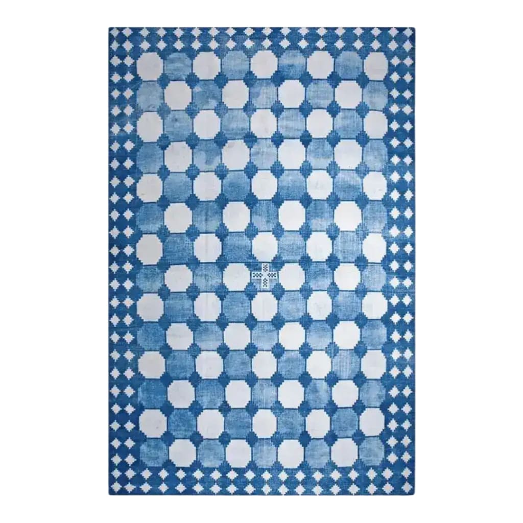 This elegant white and blue cotton area rug features a classic geometric pattern, perfect for adding a touch of boho style to your living room. Ideal for spaces that need an 8x10 size rug, this dhurrie rug blends seamlessly with various decor styles, making it a versatile choice for those looking to enhance their living room with a comfortable and stylish rug.