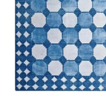 Top view of a white and blue classic dhurrie cotton area rug with a geometric pattern, ideal for boho-themed living rooms. This stylish 8x10 rug is perfect for adding a touch of elegance to your living space.