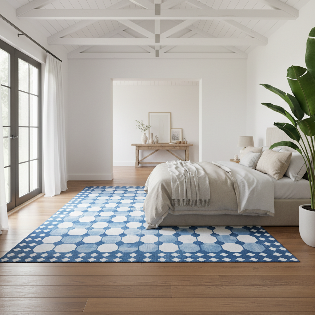 White and Blue Classic Dhurrie Cotton Rug