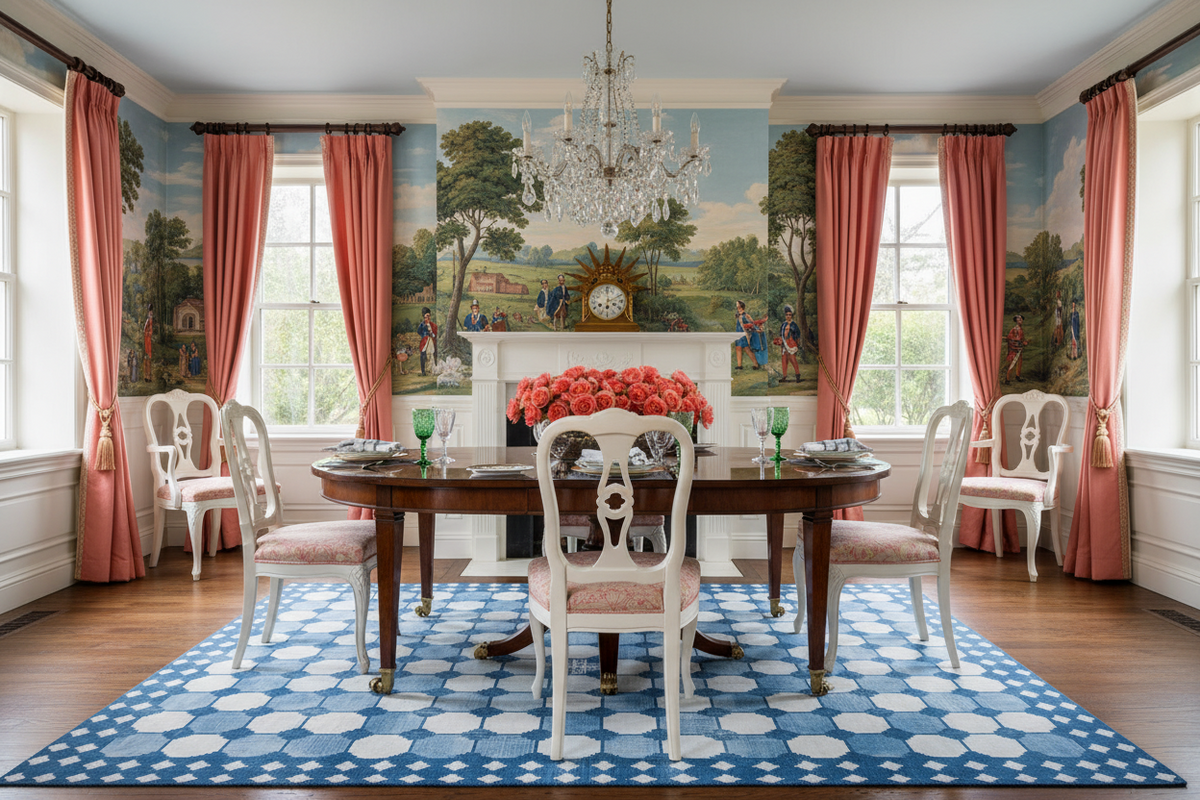 Dining room with a round wooden table, blue cotton rug, chairs, and a large mural on the wall.