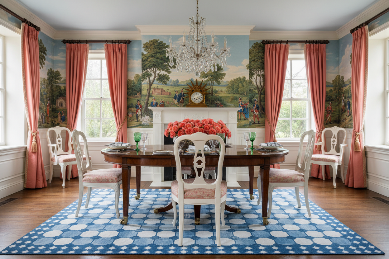 Dining room with a round wooden table, blue cotton rug, chairs, and a large mural on the wall.