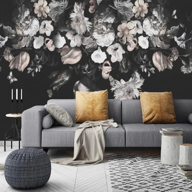 White and Blush Flowers and Butterflies on Dark Floral Wallpaper Mural