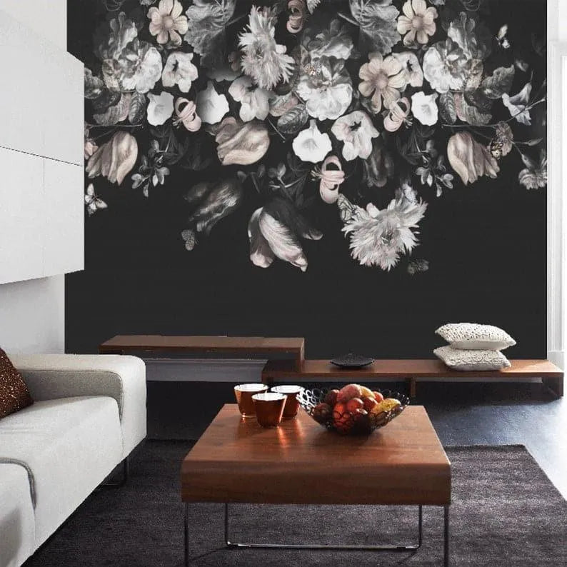 White and Blush Flowers and Butterflies on Dark Floral Wallpaper Mural