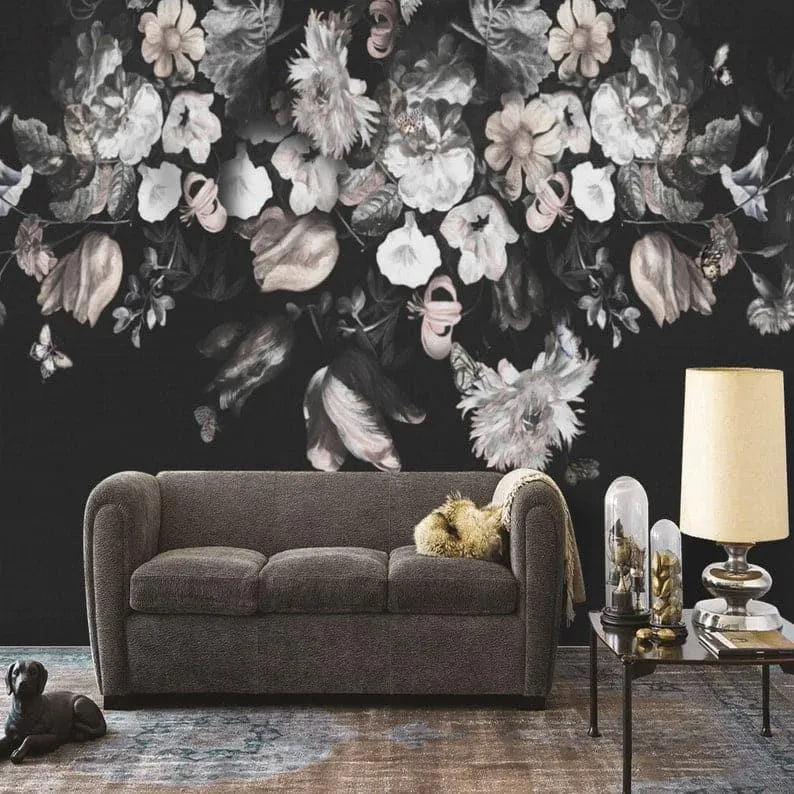 White and Blush Flowers and Butterflies on Dark Floral Wallpaper Mural