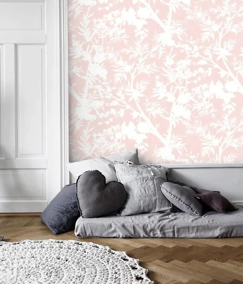 White and Blush Pink Floral Botanical Wallpaper