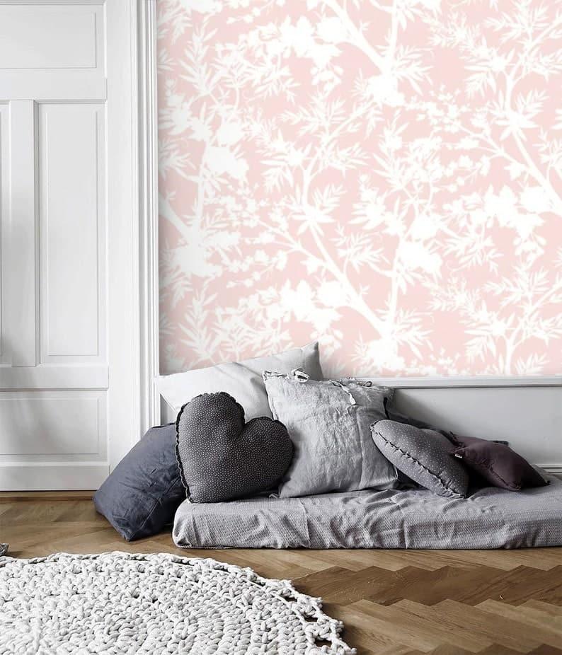 White and Blush Pink Floral Botanical Wallpaper 