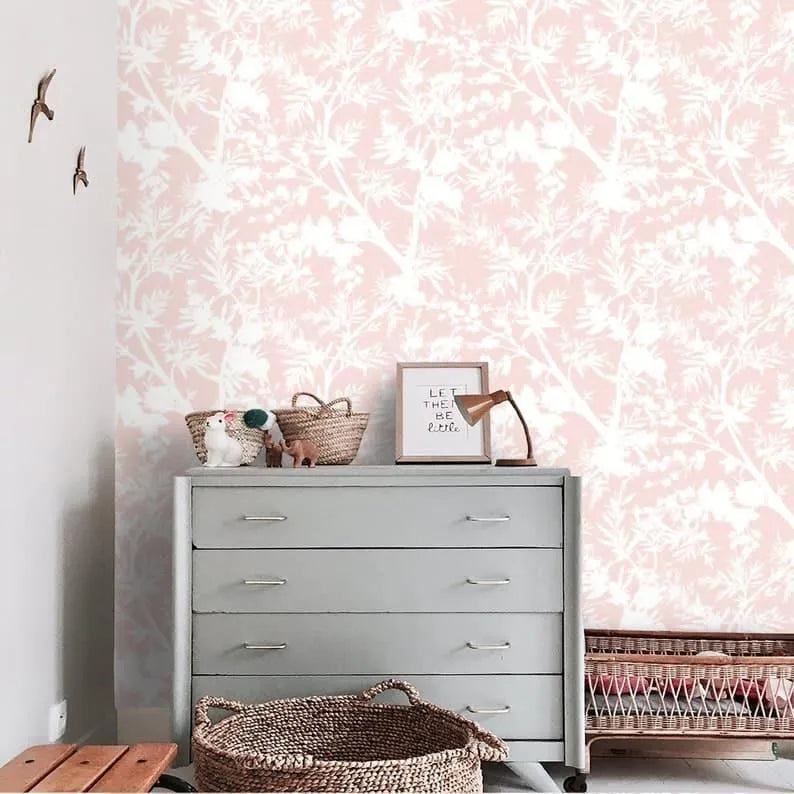 White and Blush Pink Floral Botanical Wallpaper