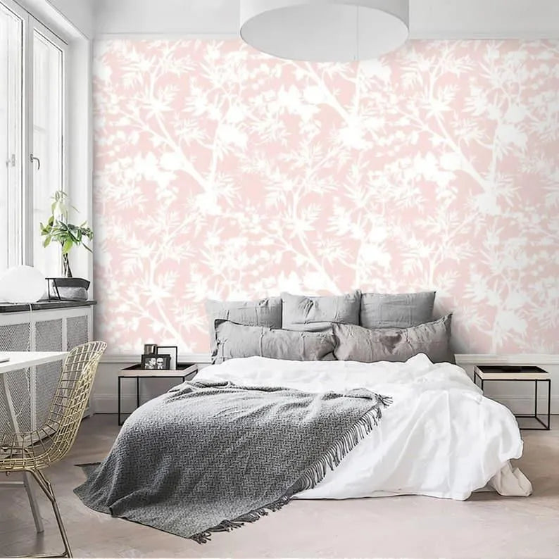 White and Blush Pink Floral Botanical Wallpaper