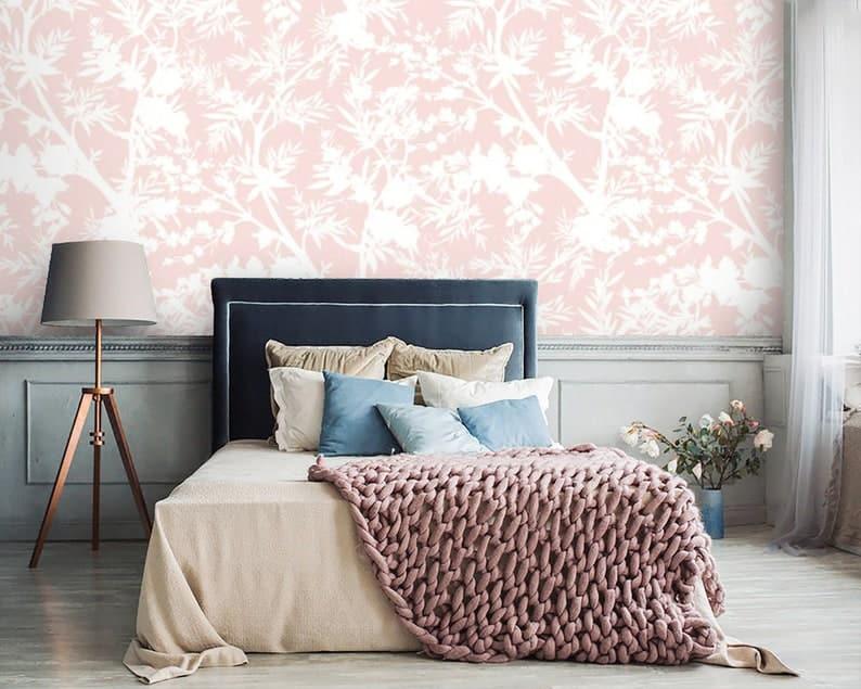 White and Blush Pink Floral Botanical Wallpaper 