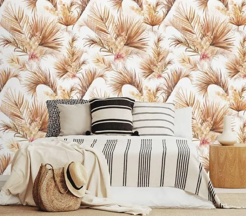 White and Brown Palm Leaves Floral Wallpaper