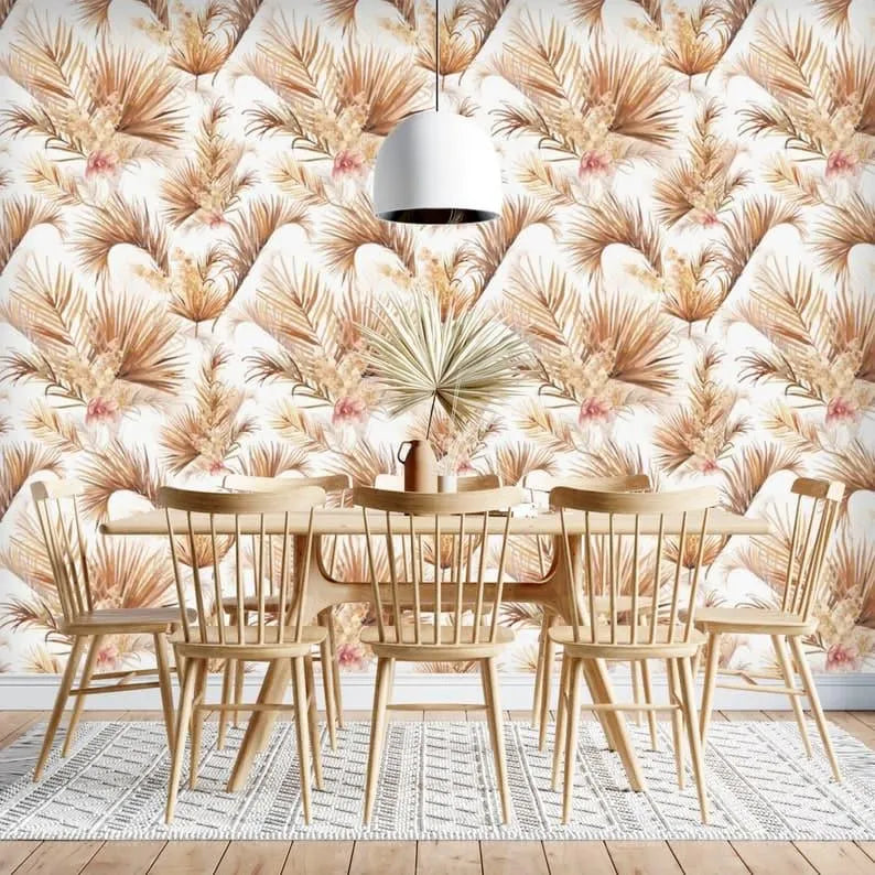 White and Brown Palm Leaves Floral Wallpaper