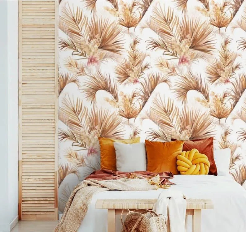 White and Brown Palm Leaves Floral Wallpaper