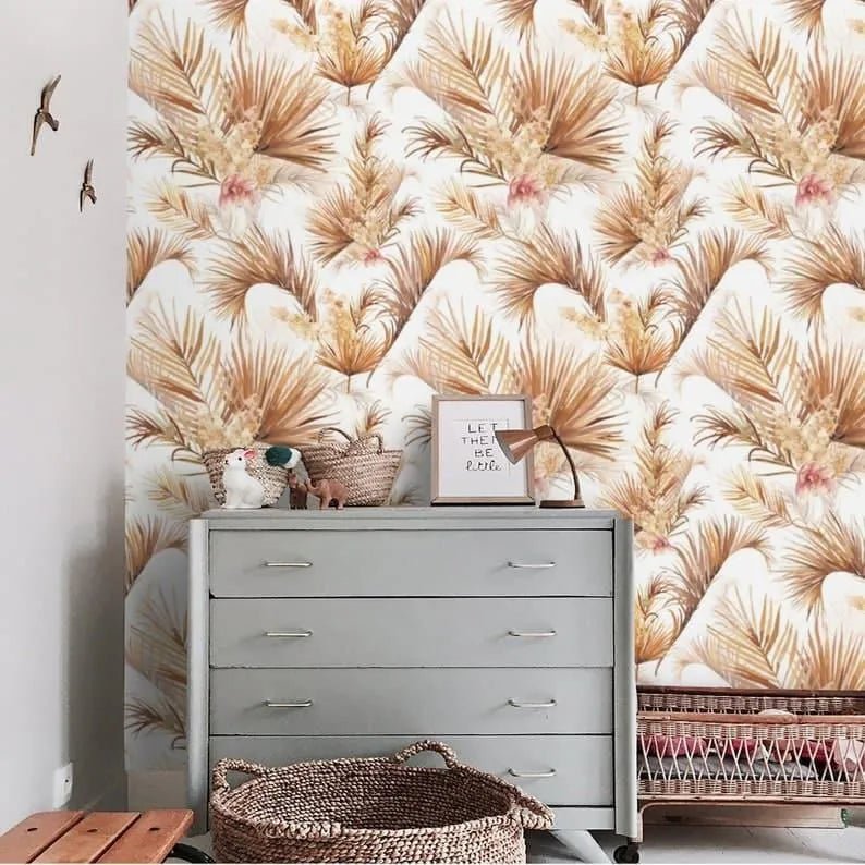 White and Brown Palm Leaves Floral Wallpaper