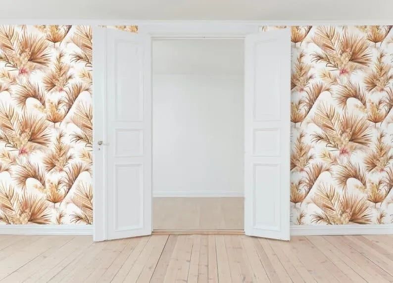 White and Brown Palm Leaves Floral Wallpaper