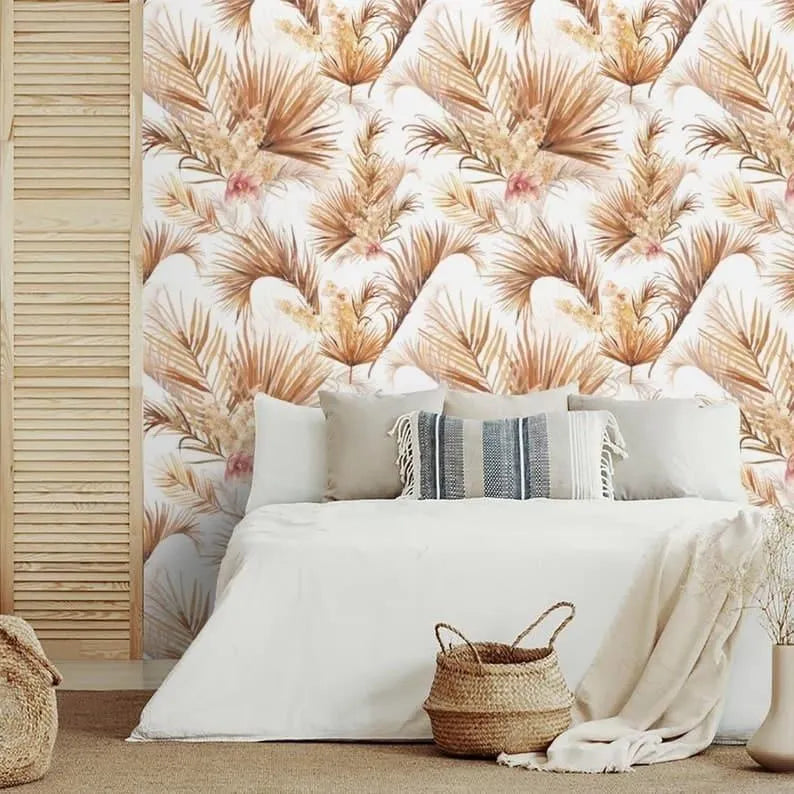 White and Brown Palm Leaves Floral Wallpaper