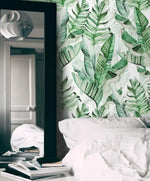 White and Green Oversized Banana Leaves Wallpaper