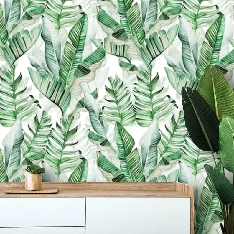 White and Green Oversized Banana Leaves Wallpaper