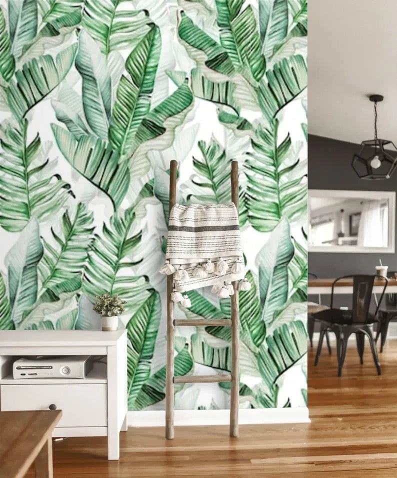 White and Green Oversized Banana Leaves Wallpaper