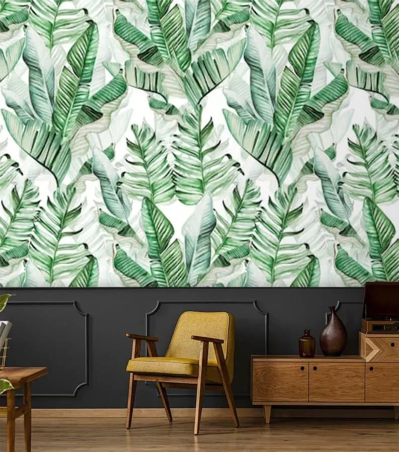 White and Green Oversized Banana Leaves Wallpaper