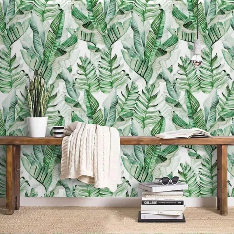 White and Green Oversized Banana Leaves Wallpaper