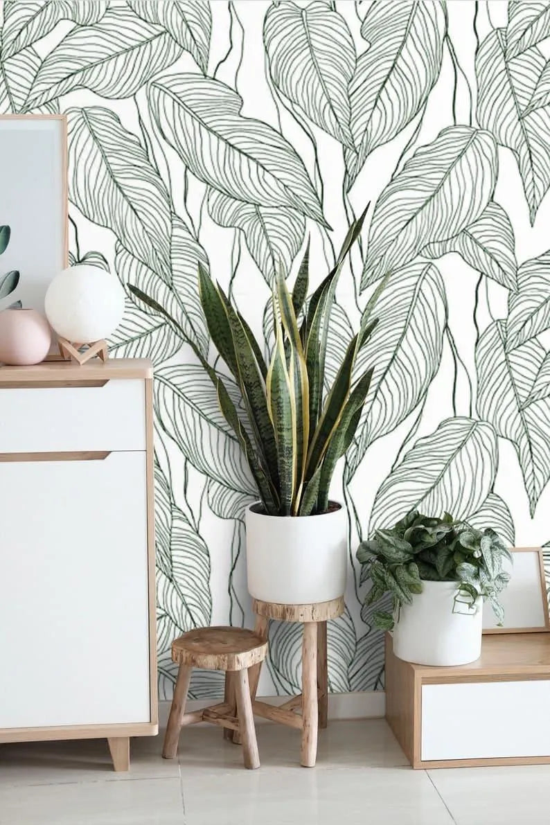 White and Green Oversized Monstera Leaves Wallpaper