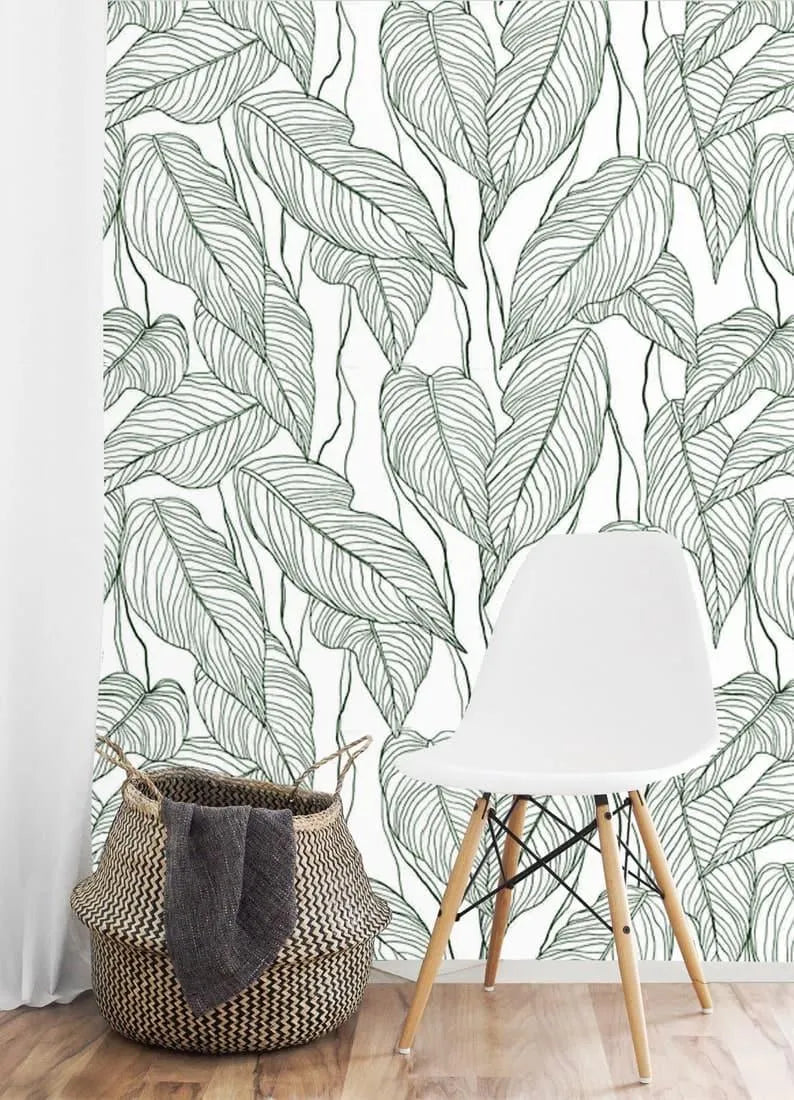 White and Green Oversized Monstera Leaves Wallpaper