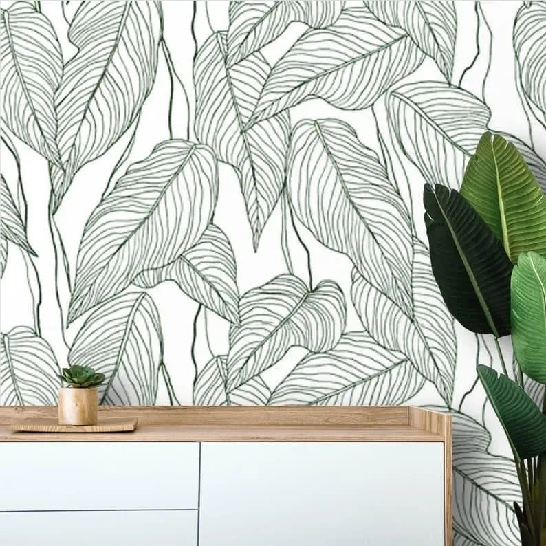 White and Green Oversized Monstera Leaves Wallpaper